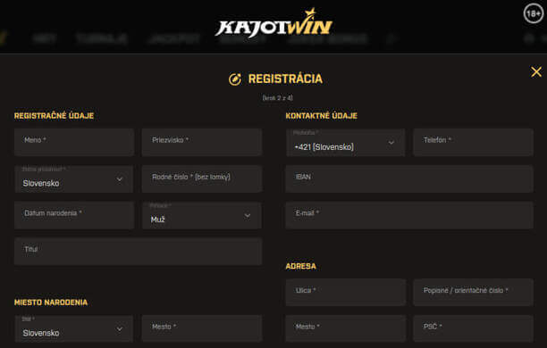 KajotWin online casino registrácia - krok 2
