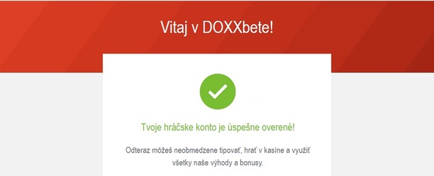 Potvrdenie o úspešnej registrácii v Doxxbete