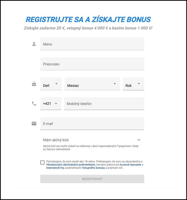 Tipsport – registračný formulár