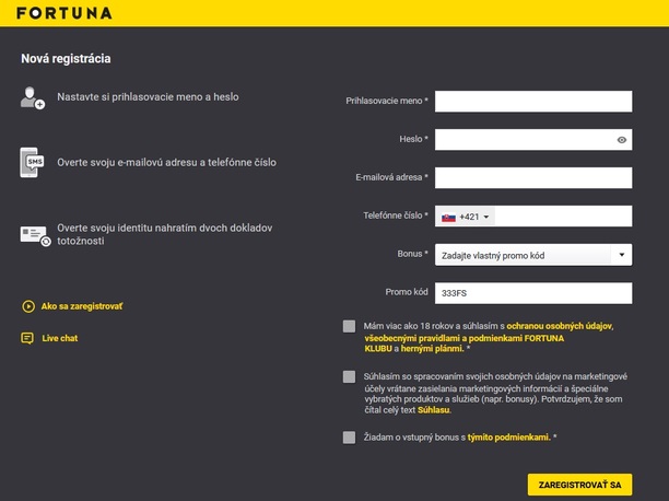 Fortuna registrácia - Prihlasovací formulár
