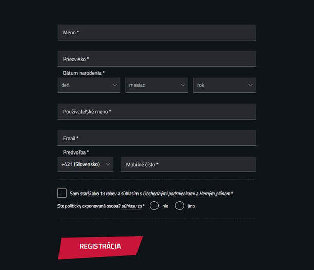 Betor registračný formulár