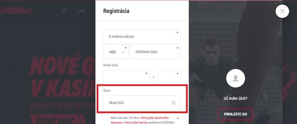 DOXXbet skaut kód registrácia