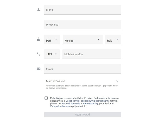 Registračný formulár v Tipsport casino SK