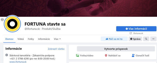 Facebook stránka spoločnosti FORTUNA SK