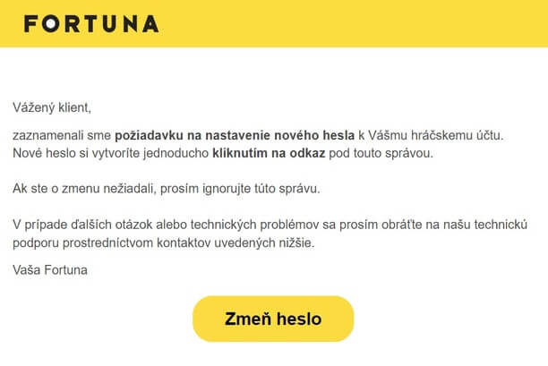 Fortuna e-mail pre resetovanie hesla