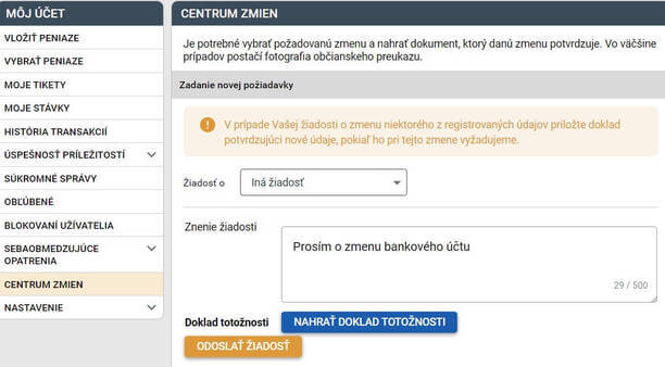 Žiadosť o zmenu IBAN čísla bankového účtu v Tipsporte