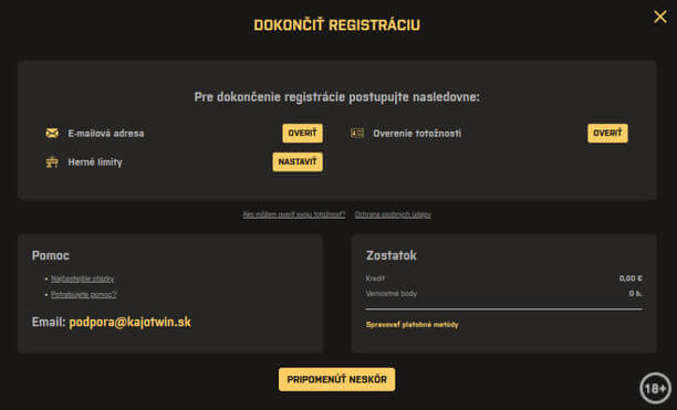 KajotWin online casino dokončenie registrácie