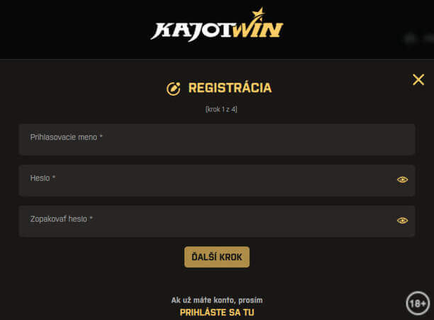 KajotWin online casino registrácia - krok 1