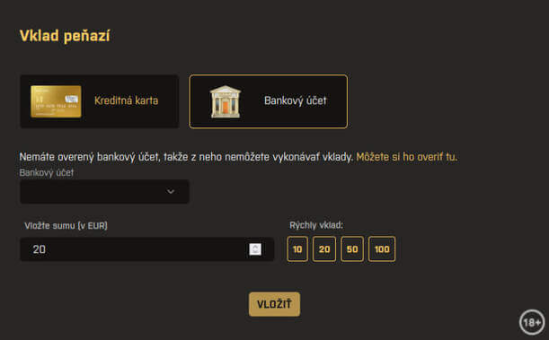 KajotWin online kasíno - pridanie bankového účtu