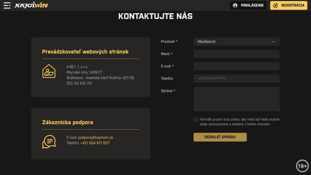 Kajot Win online casino - kontaktný formulár