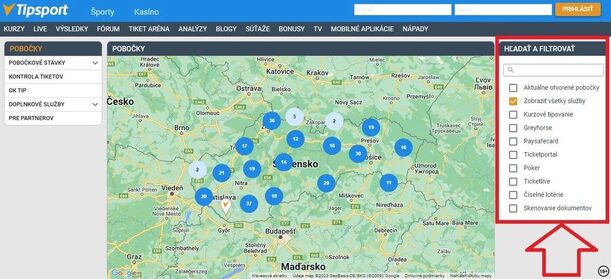 Tipsport mapa filter