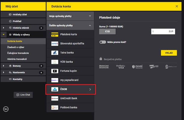 Vklad na účet vo Fortune cez tlačidlo ČSOB