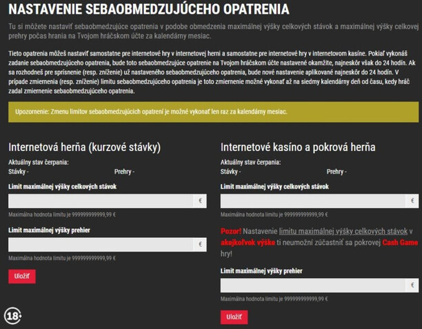 Nastavenie sebaobmedzujúcich opatrení v Synot Tipe